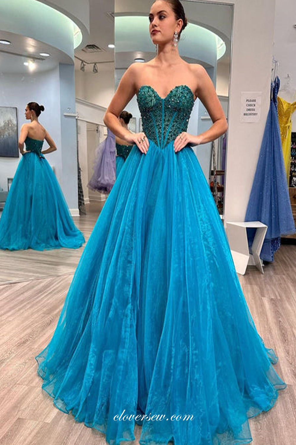 Beaded Organza Sweetheart Strapless With Puffy Sleeves Prom Dress, CP1106