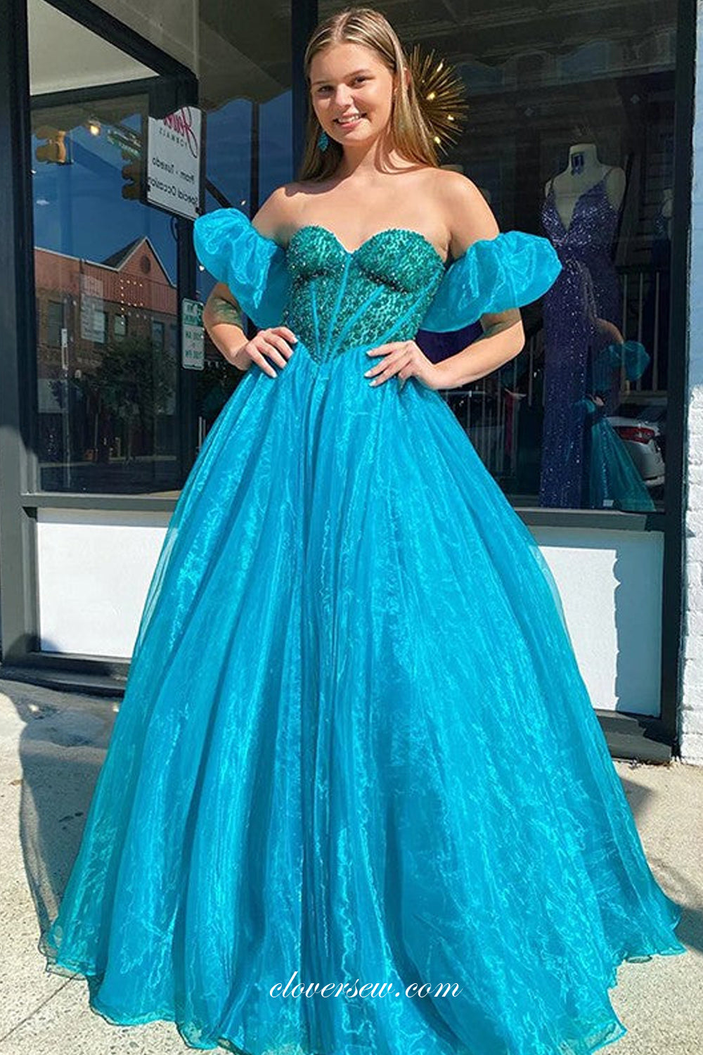Beaded Organza Sweetheart Strapless With Puffy Sleeves Prom Dress, CP1106
