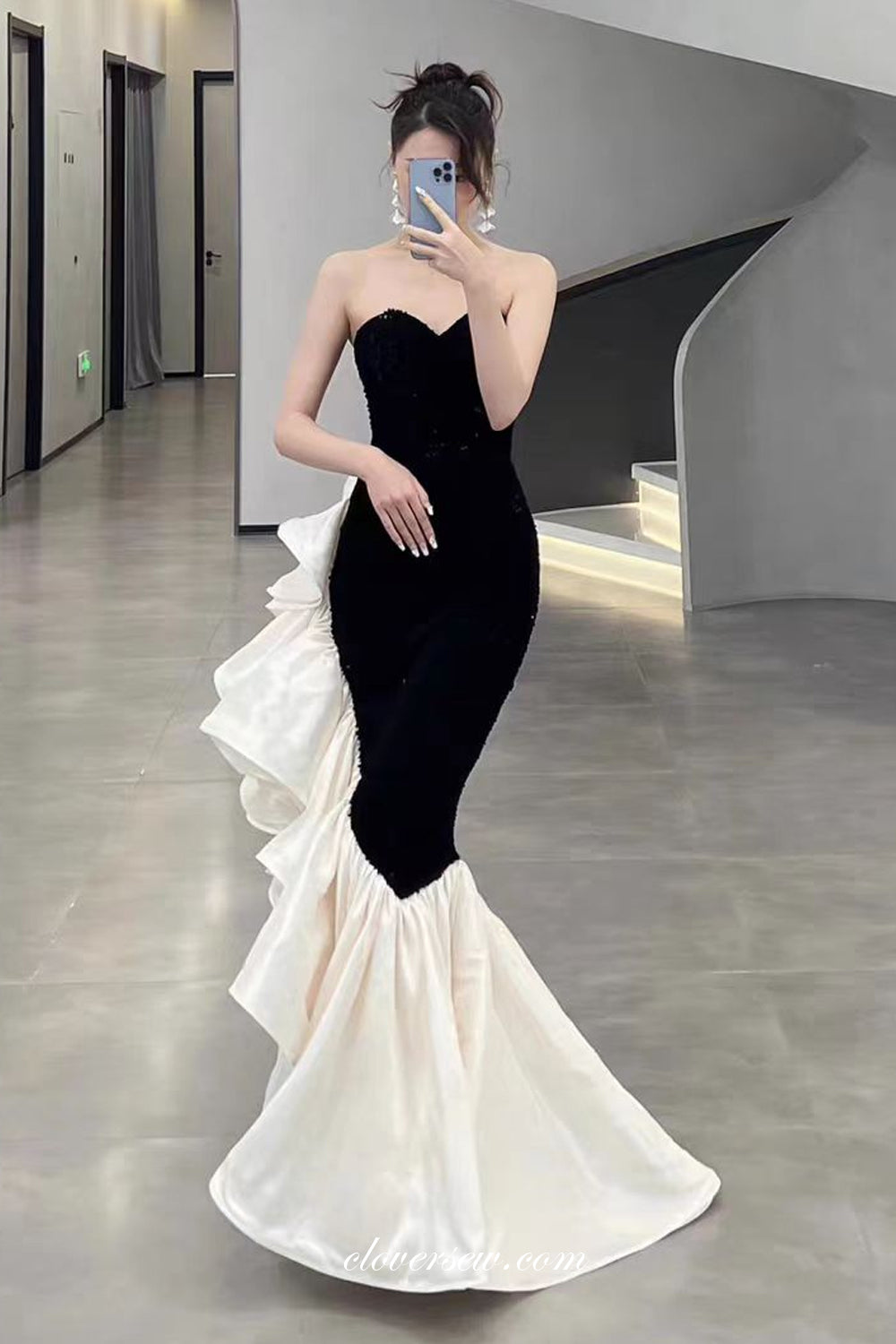 Black And Wihte Mermaid Sweetheart Strapless Elegant Formal Dresses, CP1070