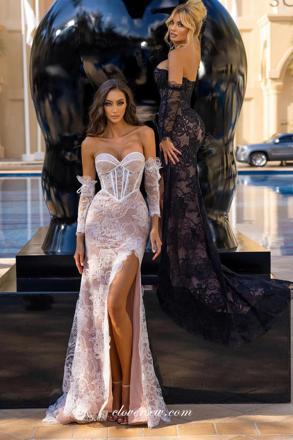 Black Fully Lace Strapless Mermaid With Slit Wedding Dresses With Stylish Sleeves, CW0368