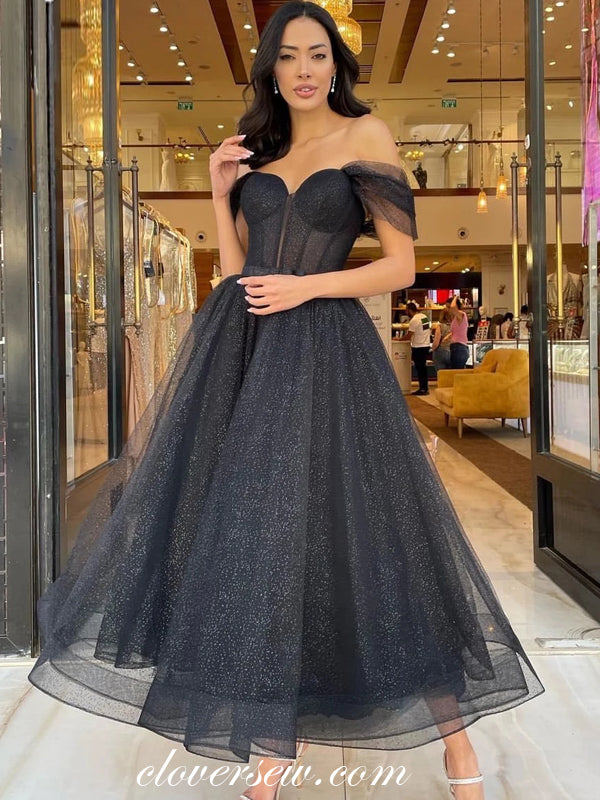 Black Glitter Tulle Off The Shoulder A-line Shiny Ankle Length Prom Dresses, CP1061