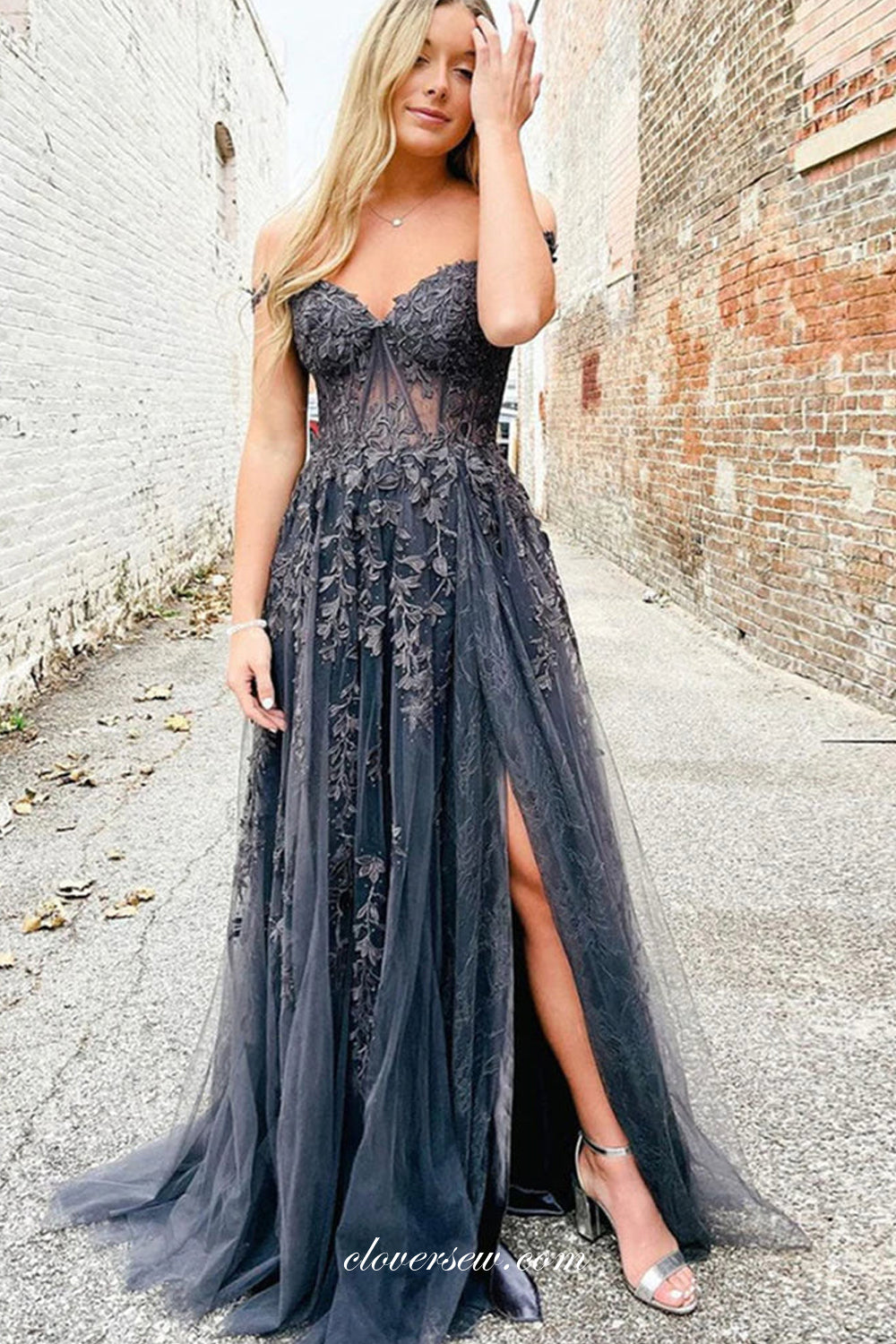 Black Lace Aoolqiue Off The Shoulder A-line Side Slit Prom Dresses, CP1030