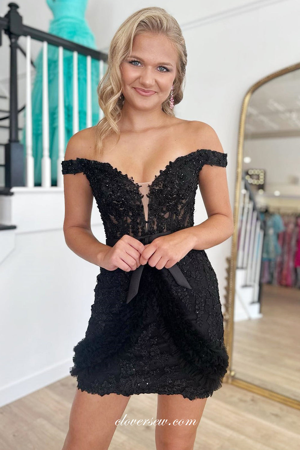 Black Lace Beading Off The Shoulder Sheath Fashion Homecoming Dresses, CH0078