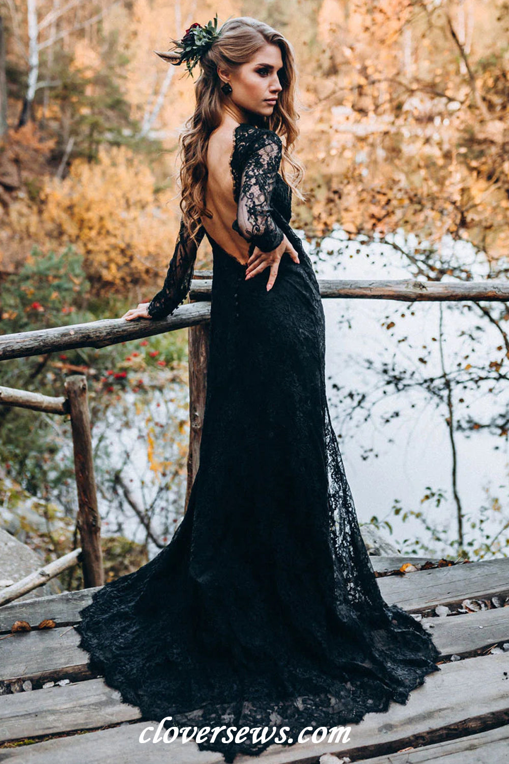 Black Lace Charming Long Sleeves Sheath With Slit Backless Wedding Dresses, CW0402