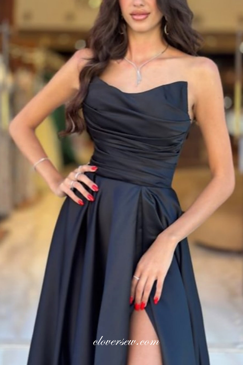 Black Satin Strapless A-line With High Slit Simple Prom Dresses, CP1042
