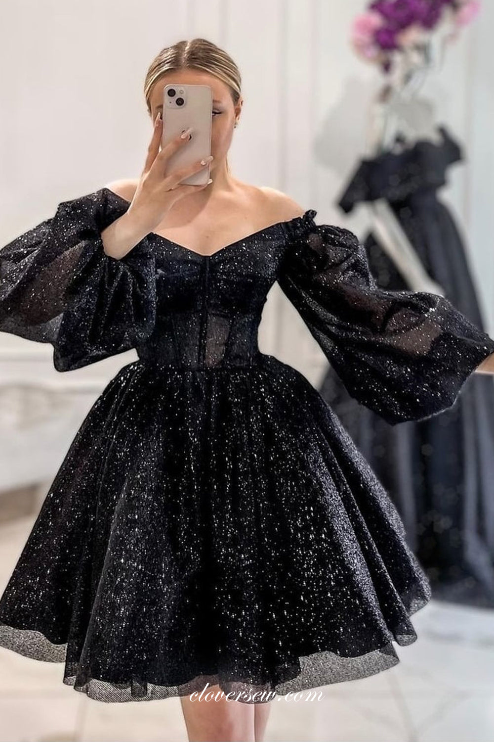 Black Shiny Glitter Tulle Off The Shoulder Long Puffy Sleeves Short Prom Dresses, CP1115