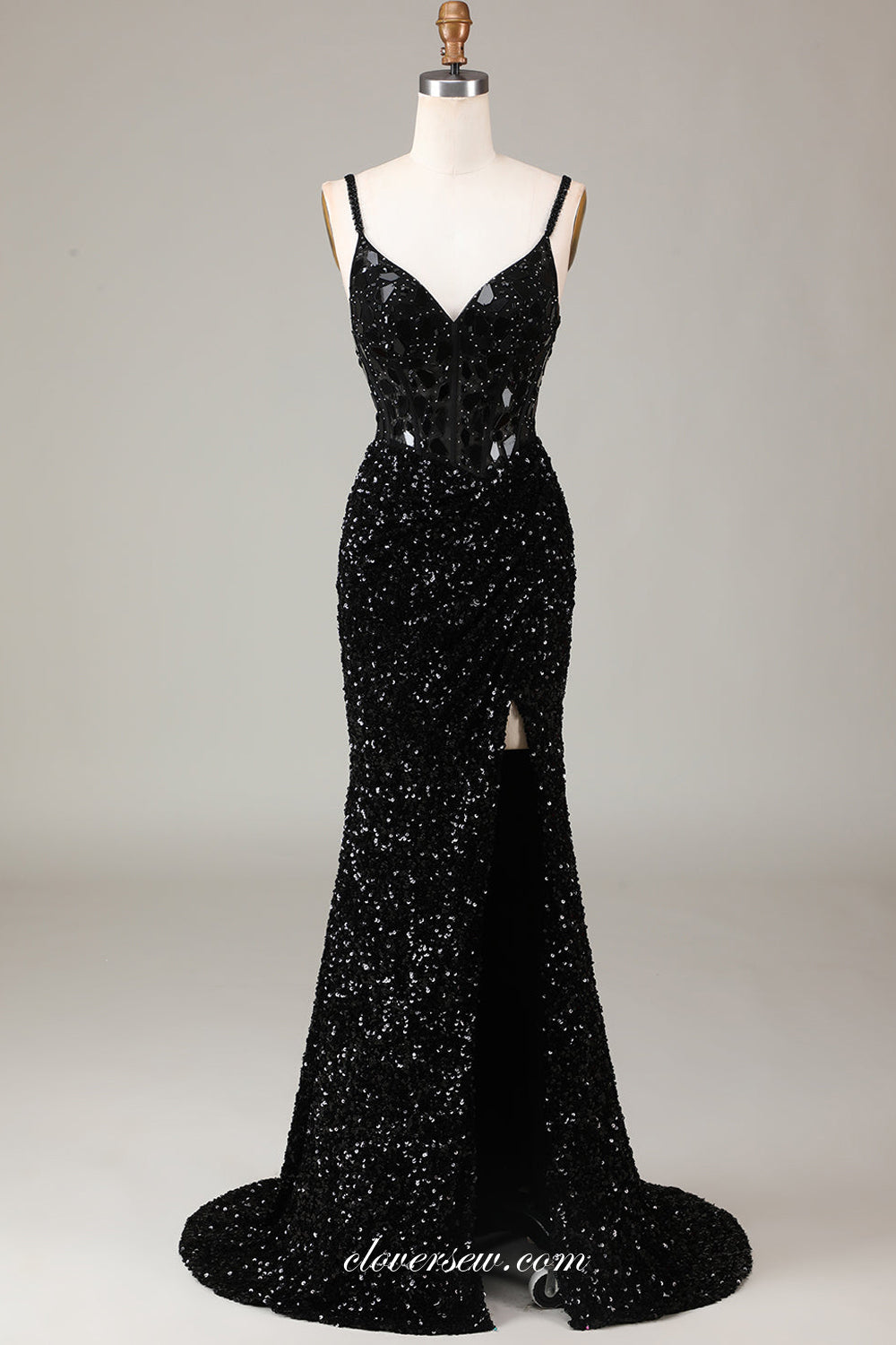 Black Sparkly Rhinestone Sequin Spagehtti Strap V-neck Sheath Slit Prom Dresses, CP1081