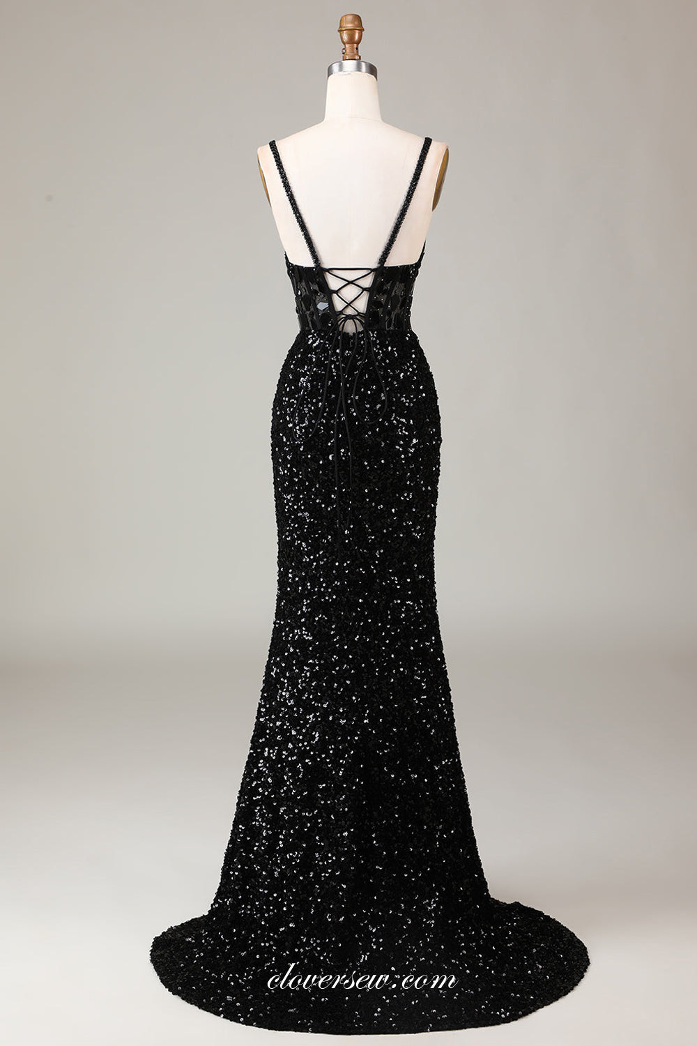 Black Sparkly Rhinestone Sequin Spagehtti Strap V-neck Sheath Slit Prom Dresses, CP1081