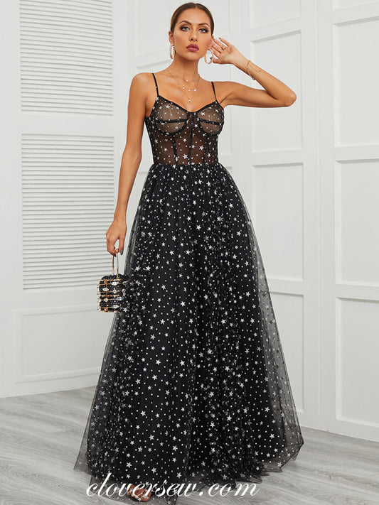 Black Star Tulle Spaghetti Strap A-line Floor Length Charming Prom Dresses, CP1026