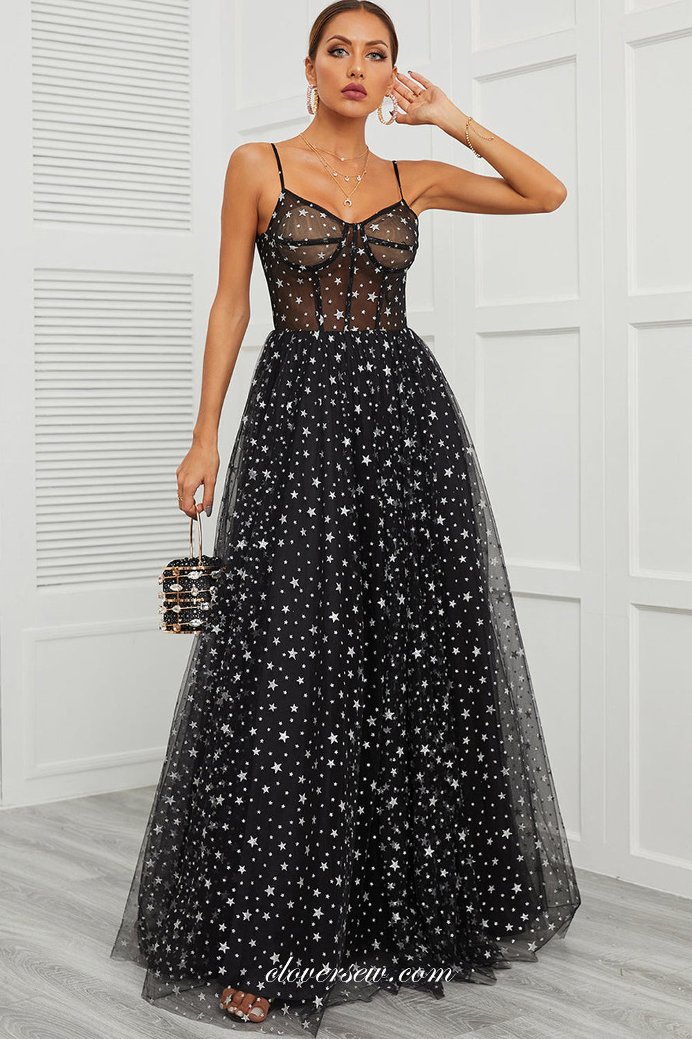 Black Star Tulle Spaghetti Strap A-line Floor Length Charming Prom Dresses, CP1026
