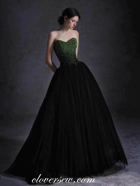 Black Tulle Green Beading Top Strapless Ball Gown Formal Prom Dresses, CP1073