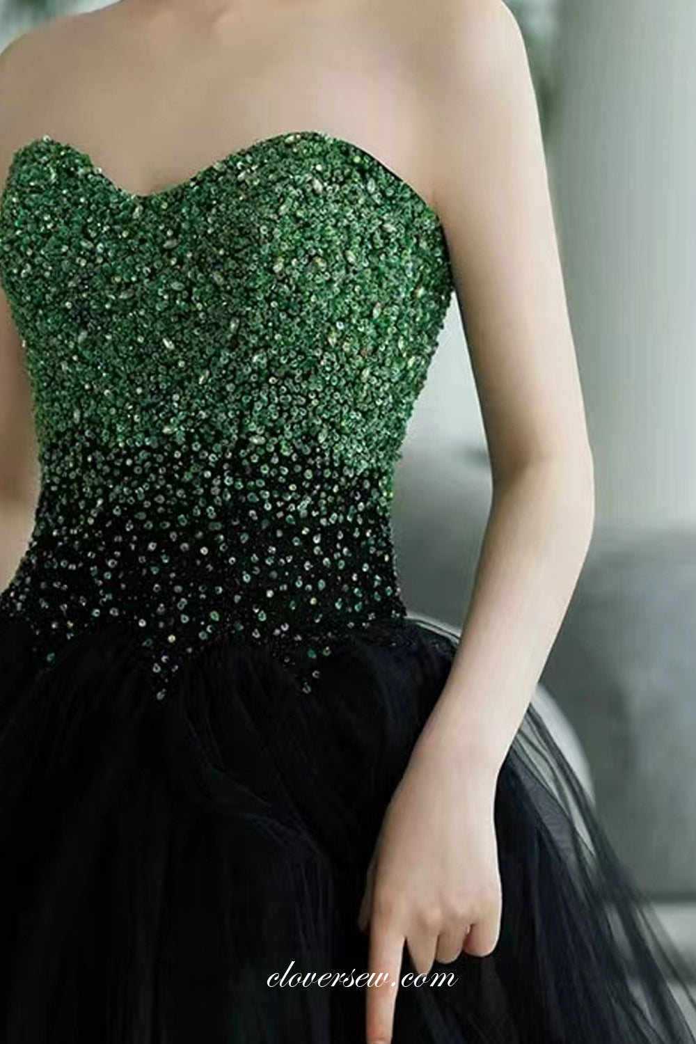 Black Tulle Green Beading Top Strapless Ball Gown Formal Prom Dresses, CP1073