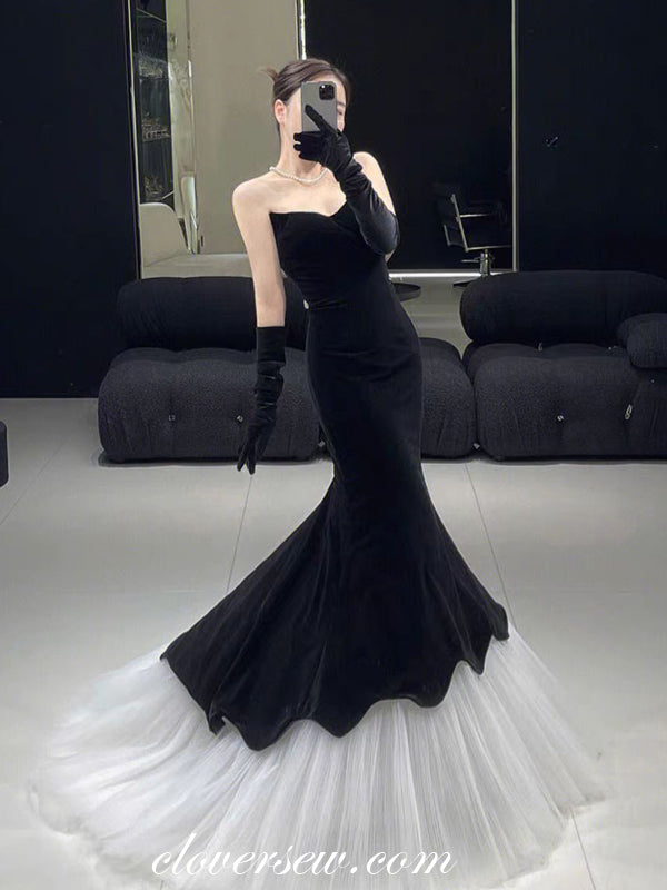 Black Velvet Pleating Tulle Mermaid Strapless Charming Formal Dresses, CP1071