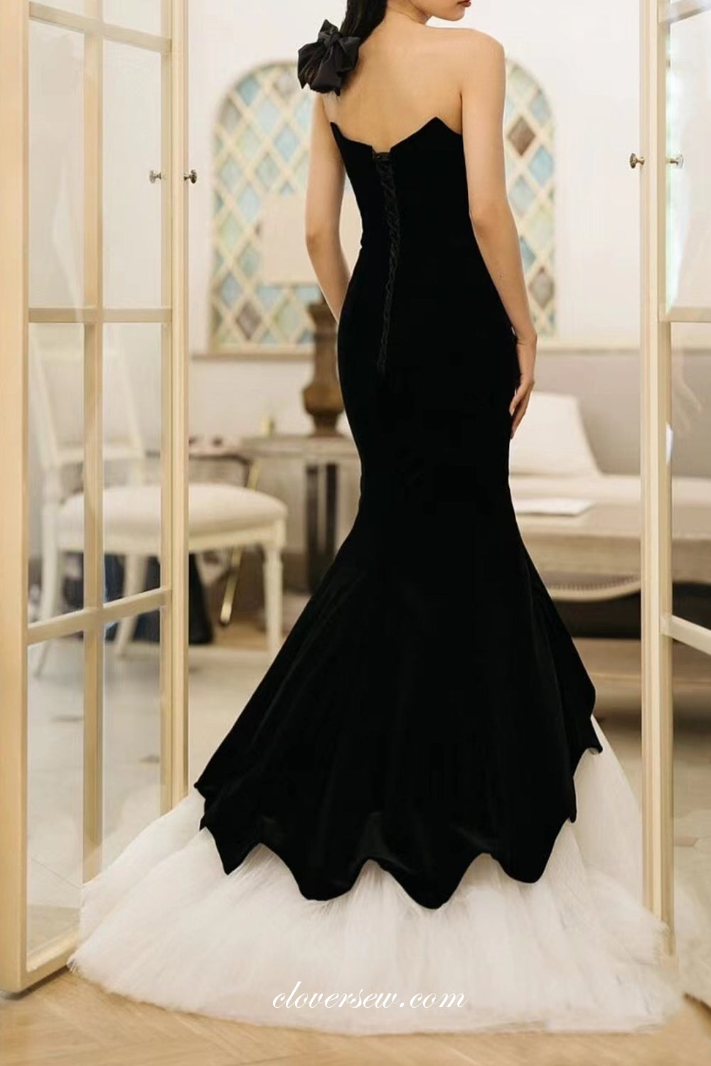 Black Velvet Pleating Tulle Mermaid Strapless Charming Formal Dresses, CP1071