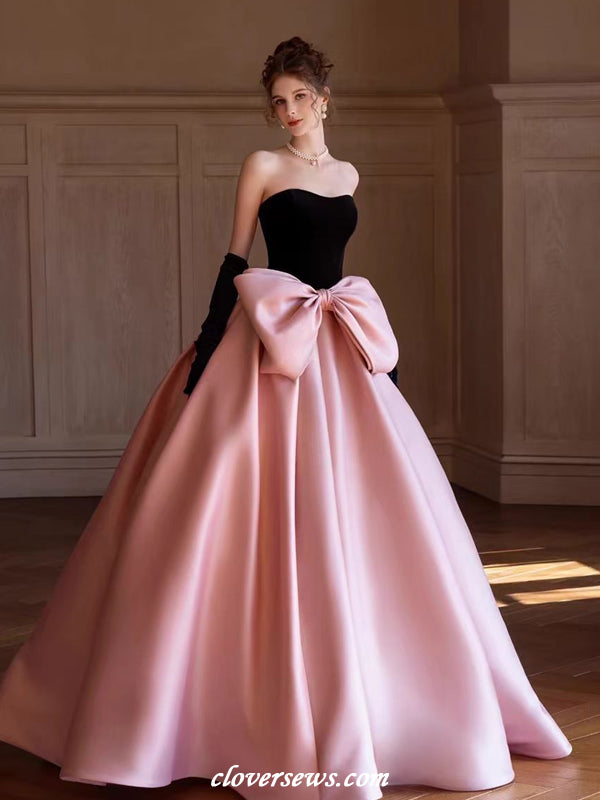 Black Velvet Top Pink Satin With Bowknot Ball Gown Prom Gown With Long Gloves,CP1143