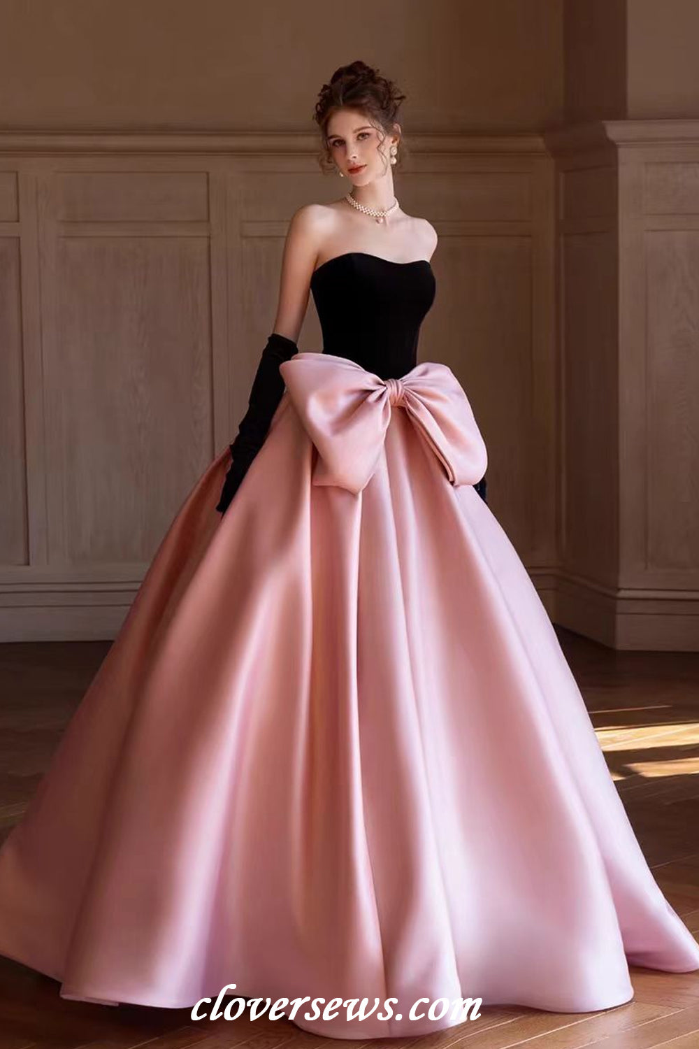 Black Velvet Top Pink Satin With Bowknot Ball Gown Prom Gown With Long Gloves,CP1143