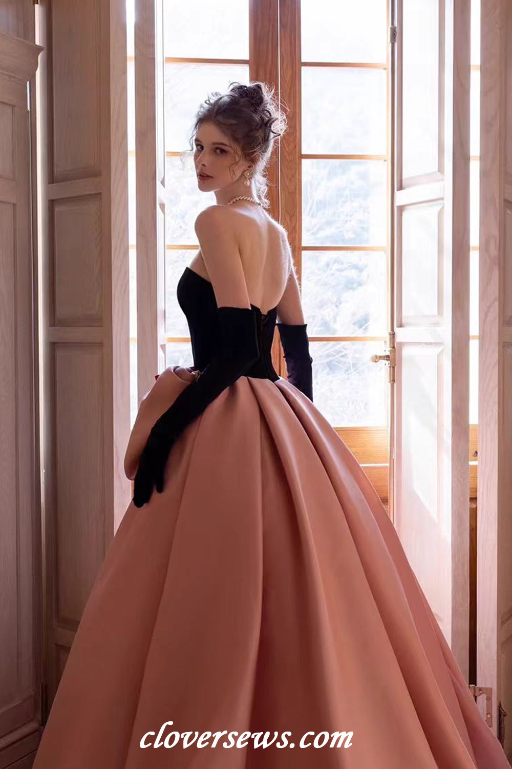 Black Velvet Top Pink Satin With Bowknot Ball Gown Prom Gown With Long Gloves,CP1143