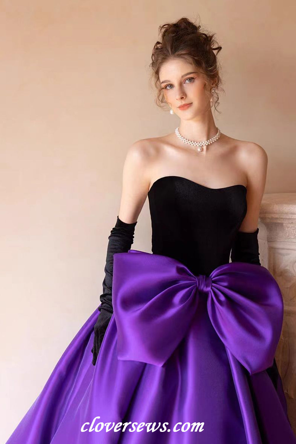 Black Velvet Top Purple Satin With Bowknot Ball Gown Prom Gown With Long Gloves, CP1142