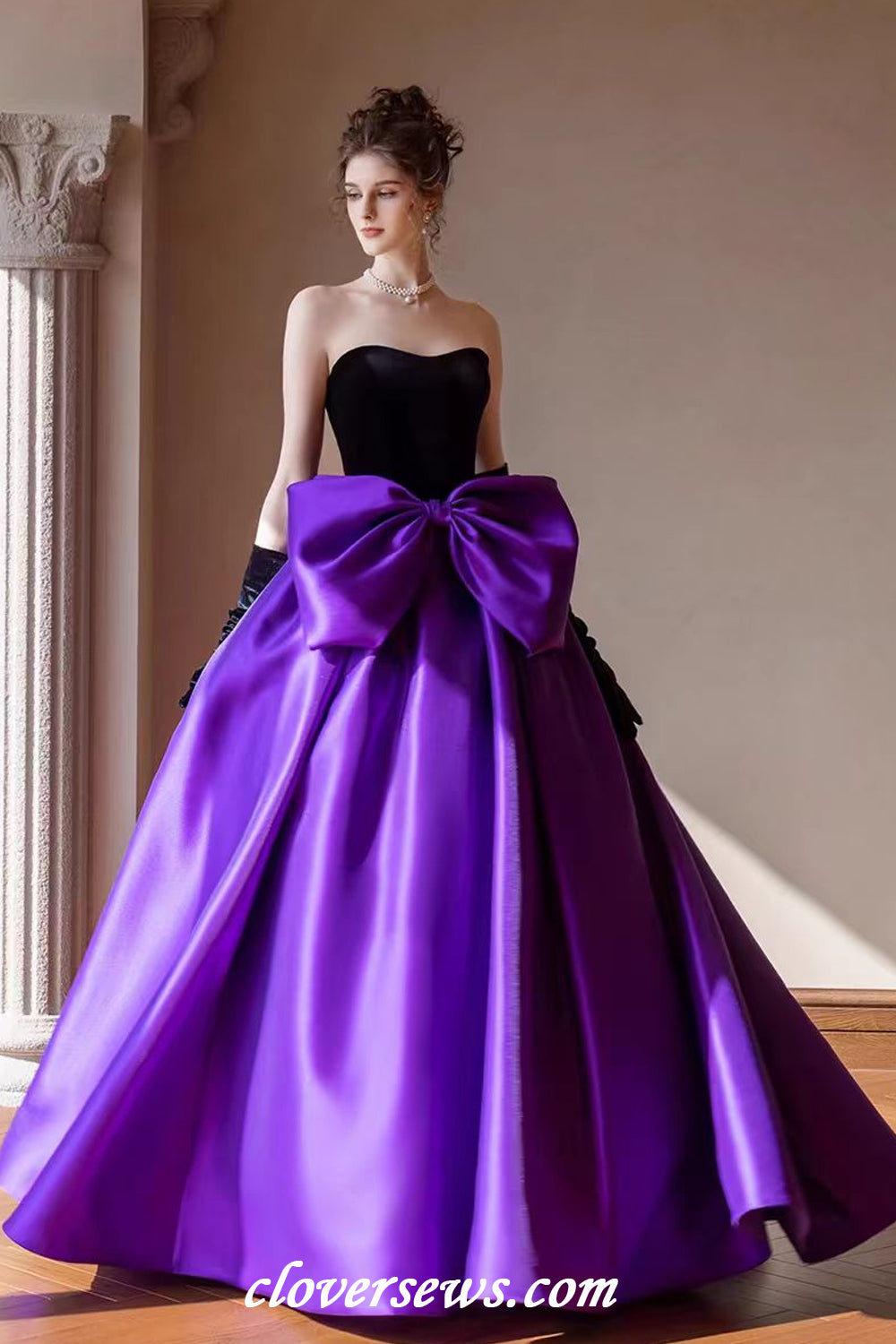 Black Velvet Top Purple Satin With Bowknot Ball Gown Prom Gown With Long Gloves, CP1142