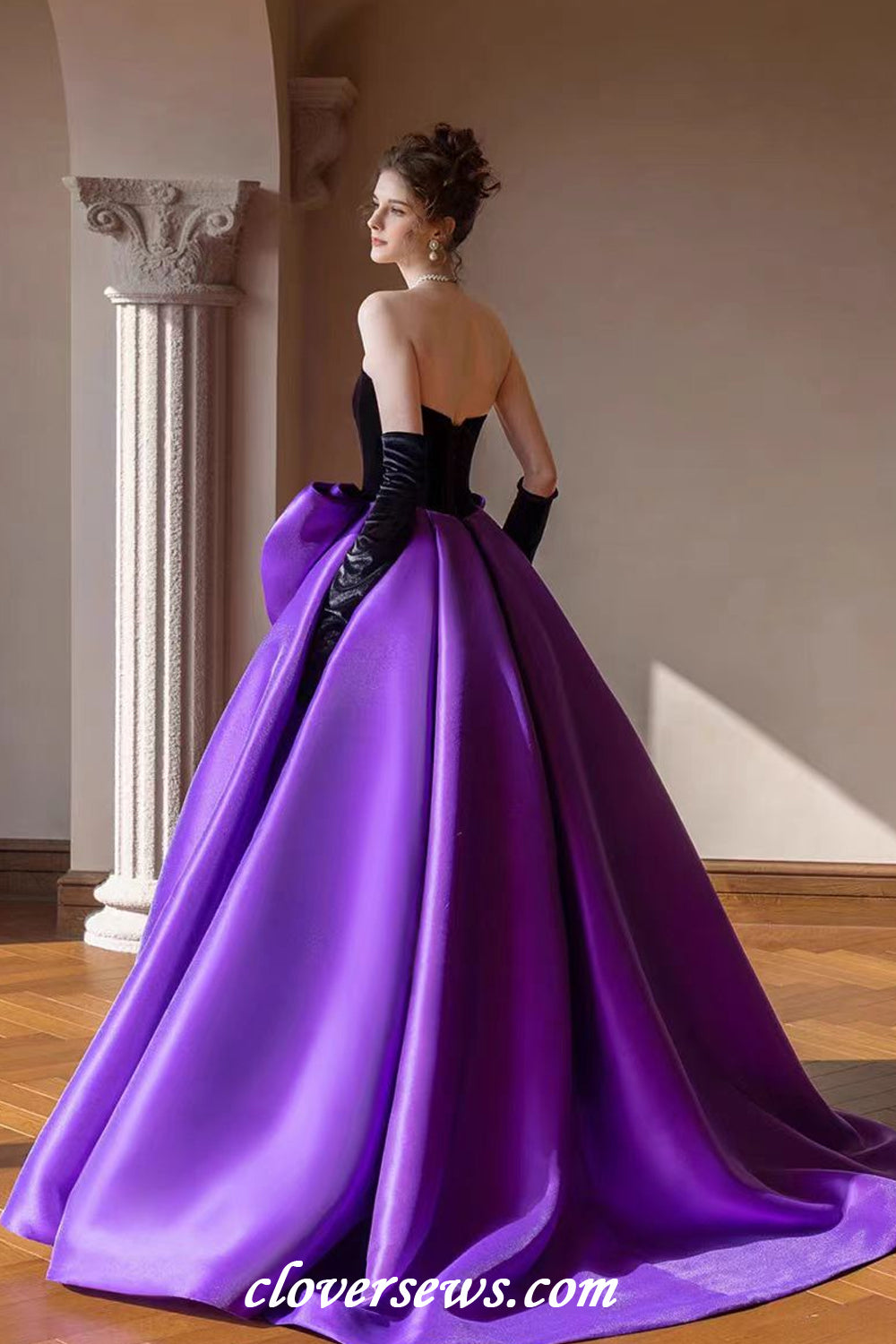 Black Velvet Top Purple Satin With Bowknot Ball Gown Prom Gown With Long Gloves, CP1142