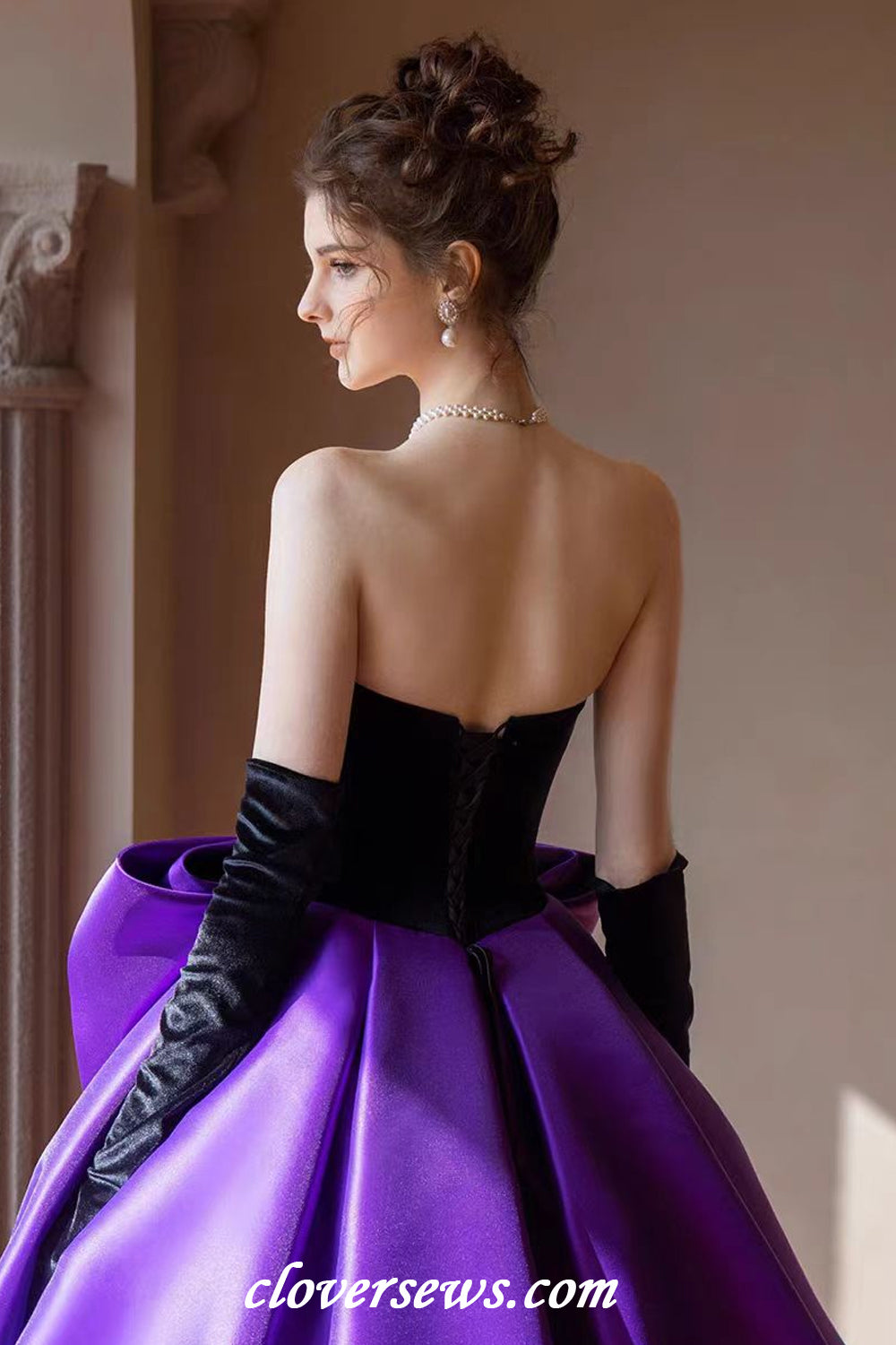 Black Velvet Top Purple Satin With Bowknot Ball Gown Prom Gown With Long Gloves, CP1142