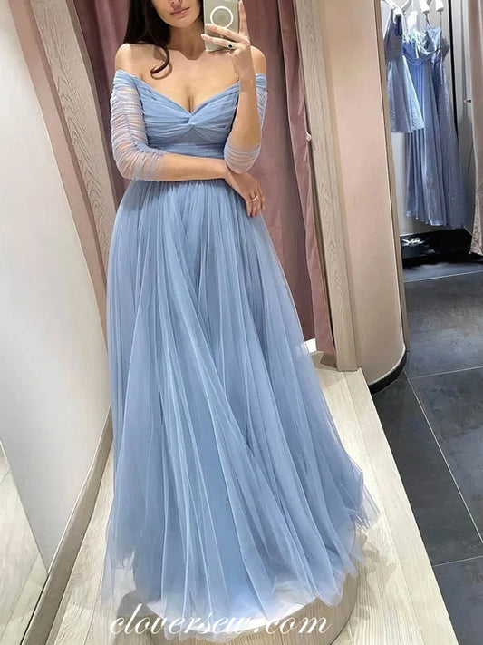 Blue Tulle Pleating Half Sleeves Off The Shoulder A-line Simple Prom Dresses, CP1090