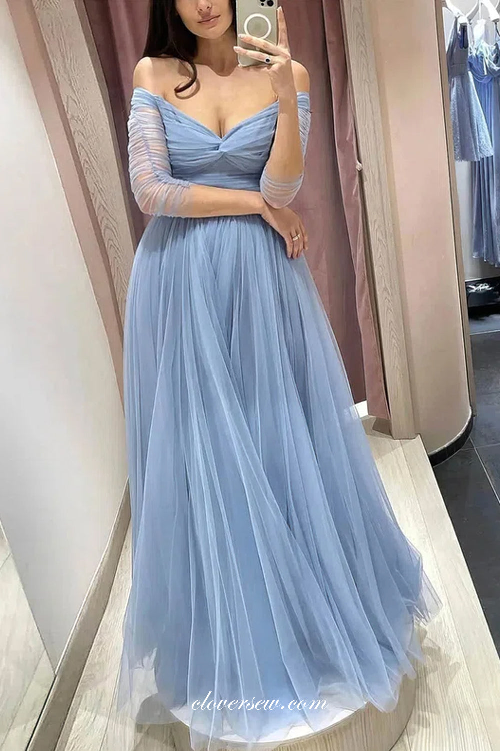 Blue Tulle Pleating Half Sleeves Off The Shoulder A-line Simple Prom Dresses, CP1090
