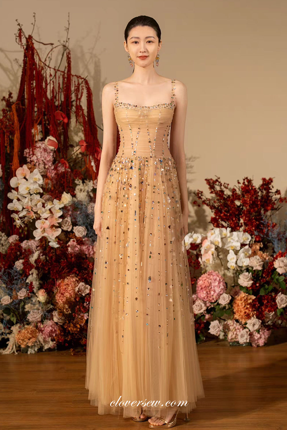 Champagne Tulle Sleeveless Sparkly Rhinestone A-line Prom Dresses, CP1072