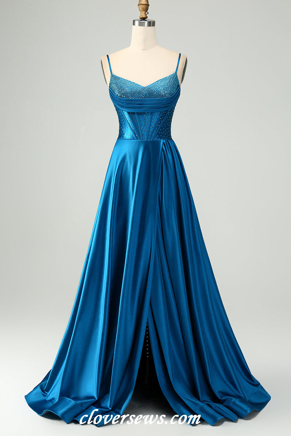 Dark Blue Satin Beading Spaghetti Strap A-line With Slit Prom Dresses, CP1171