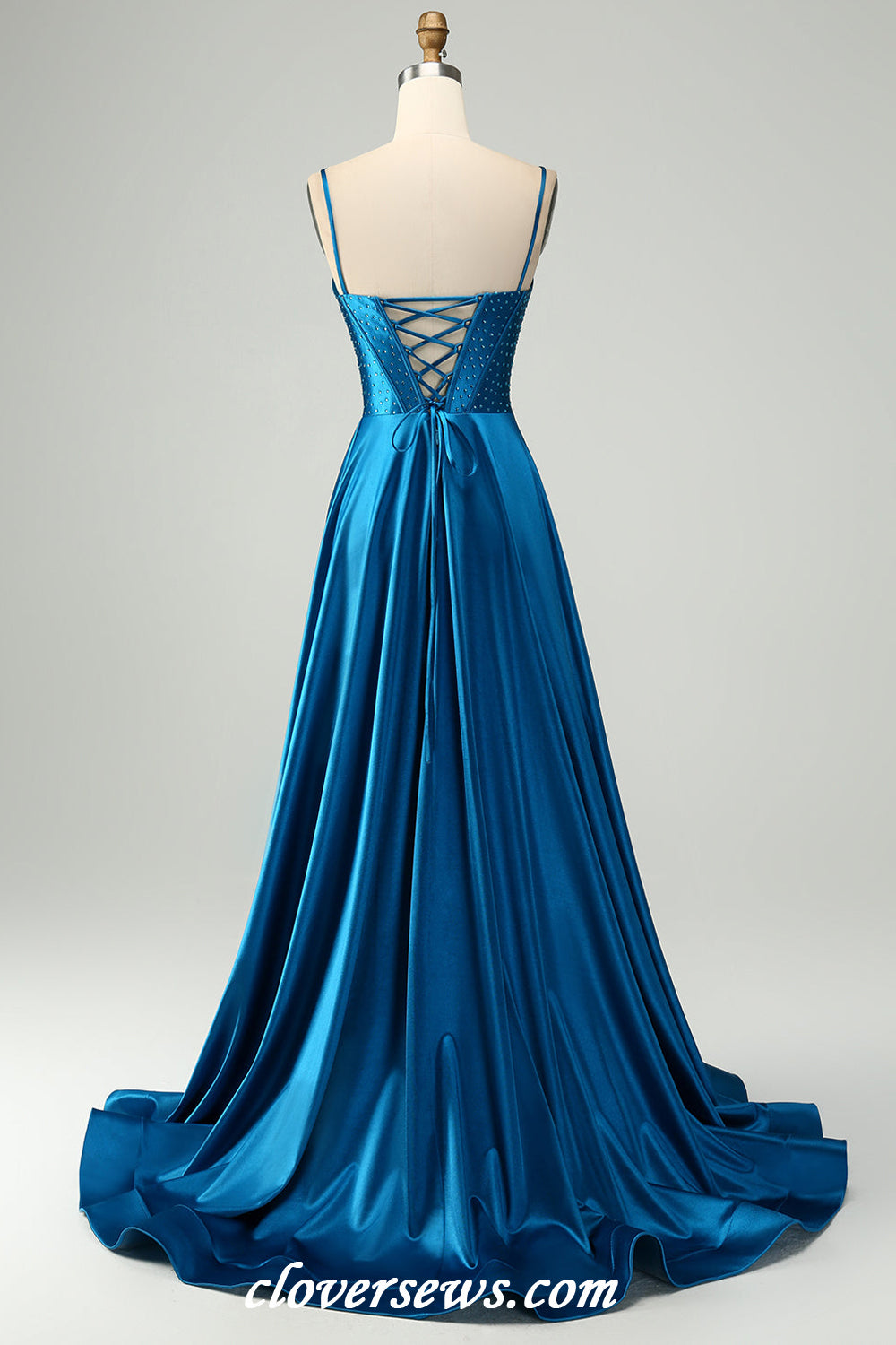 Dark Blue Satin Beading Spaghetti Strap A-line With Slit Prom Dresses, CP1171