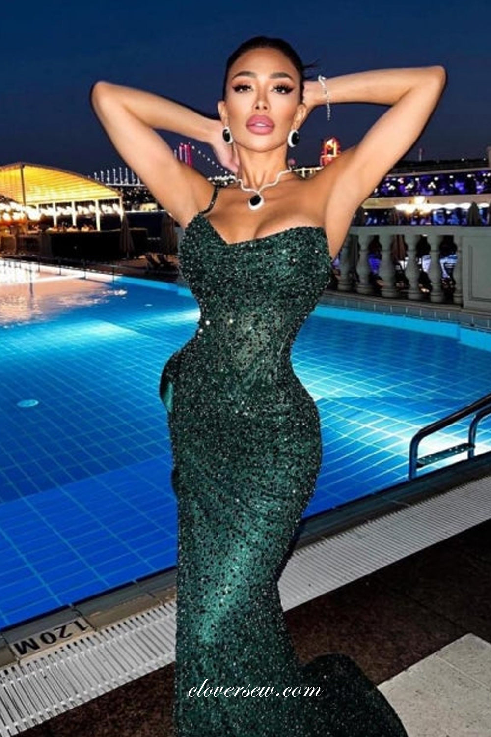 Dark Green Sequined Tulle One Shoulder Mermaid Evening Dresses, CP1017
