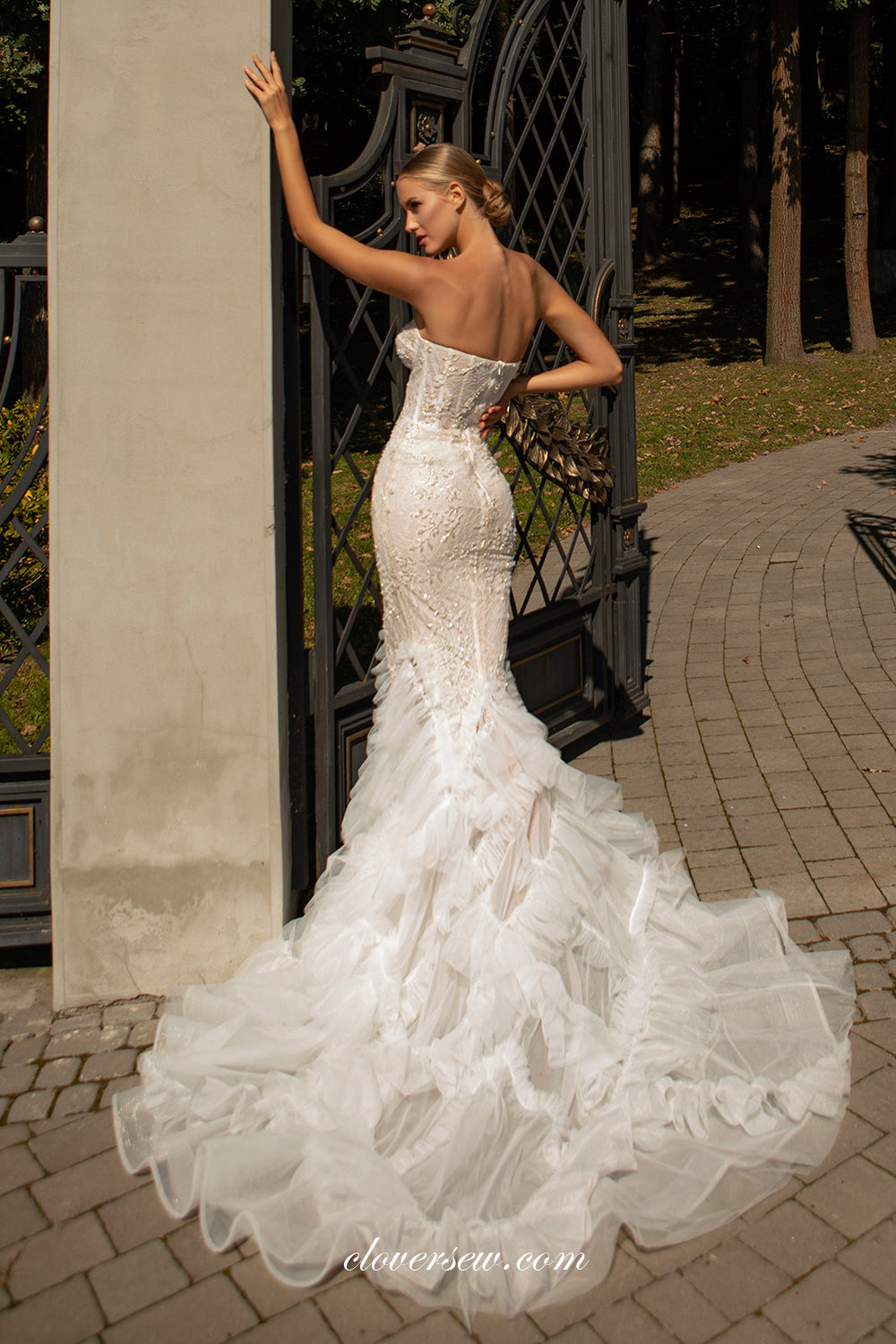 Dark Ivory Beading Lace Ruffles Mermaid Strapless Wedding Dresses, CW0355