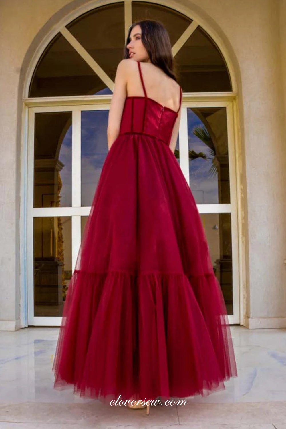 Dark Red Tulle Sweetheart A-line Puffy Graduation Dresses, CP1046
