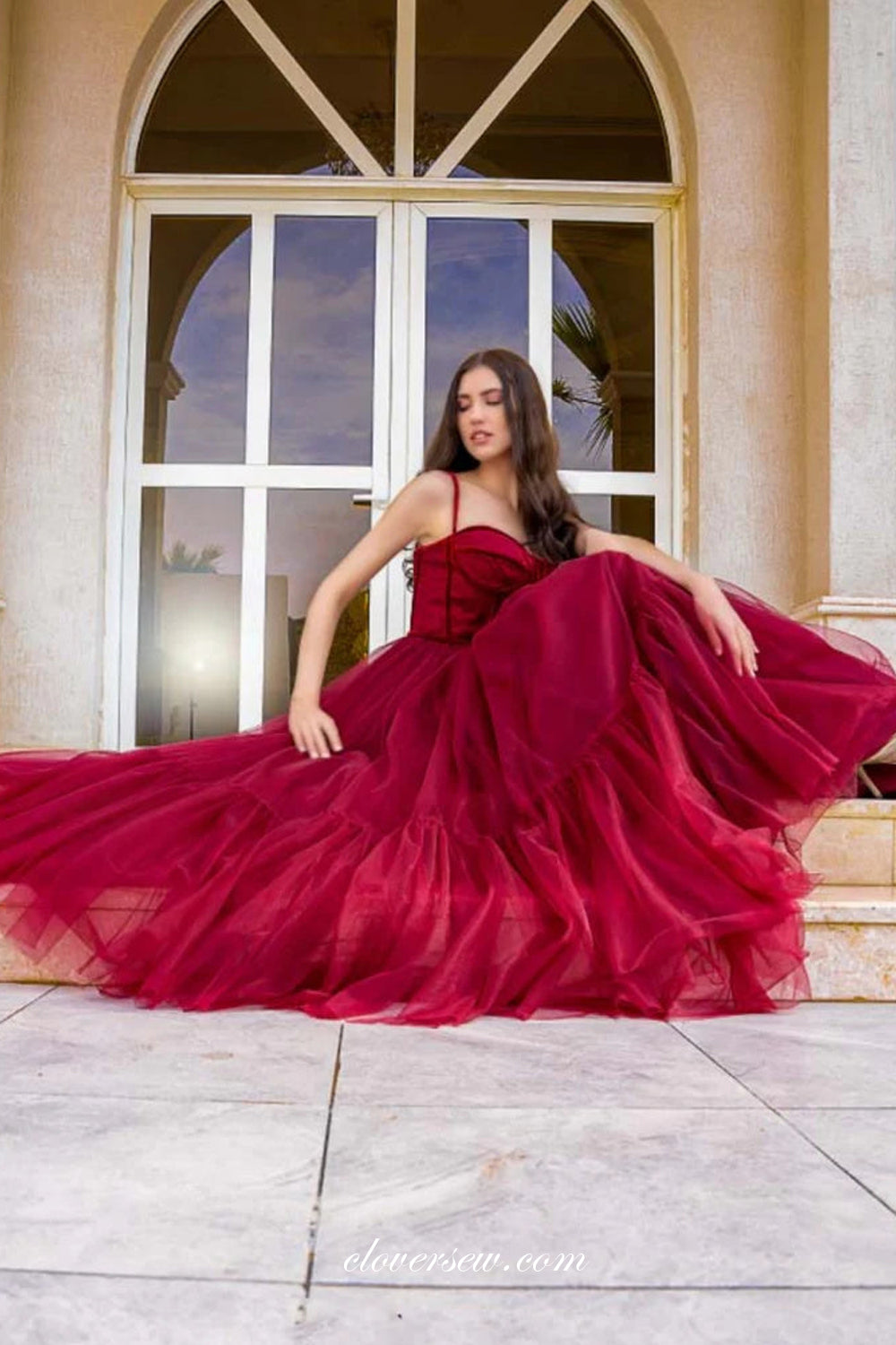 Dark Red Tulle Sweetheart A-line Puffy Graduation Dresses, CP1046