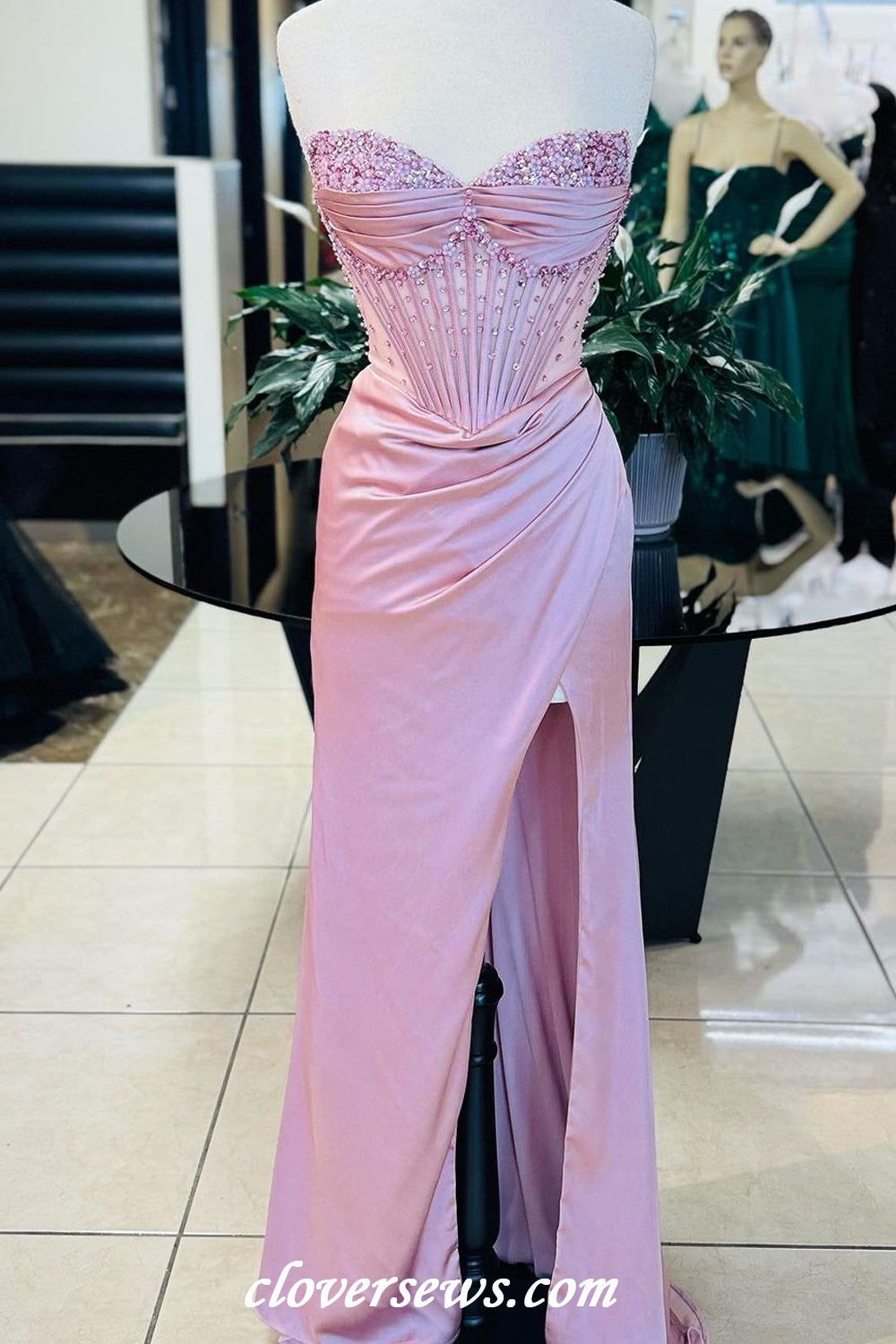 Dusty Pink Silk Satin Bead Strapless Sheath High Slit Fashion Prom Dresses, CP1170