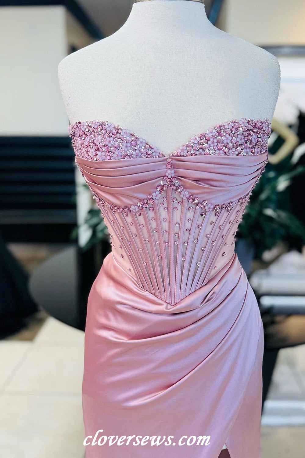 Dusty Pink Silk Satin Bead Strapless Sheath High Slit Fashion Prom Dresses, CP1170