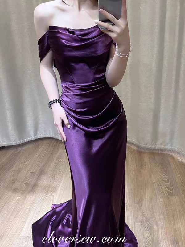Eggplant Purple Pleating Off The Shoulder Mermaid Simple Satin Prom Dresses, CP1047