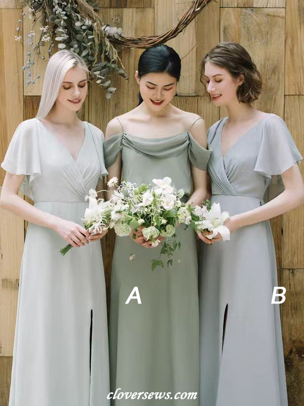 Elegant Chiffon Satin Mismatched Column Simple Long Bridesmaid Dresses, CB0311