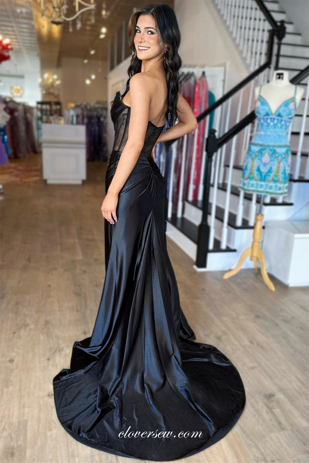 Fashion Black Satin Strapless Column With Slit Prom Dresses, CP1063