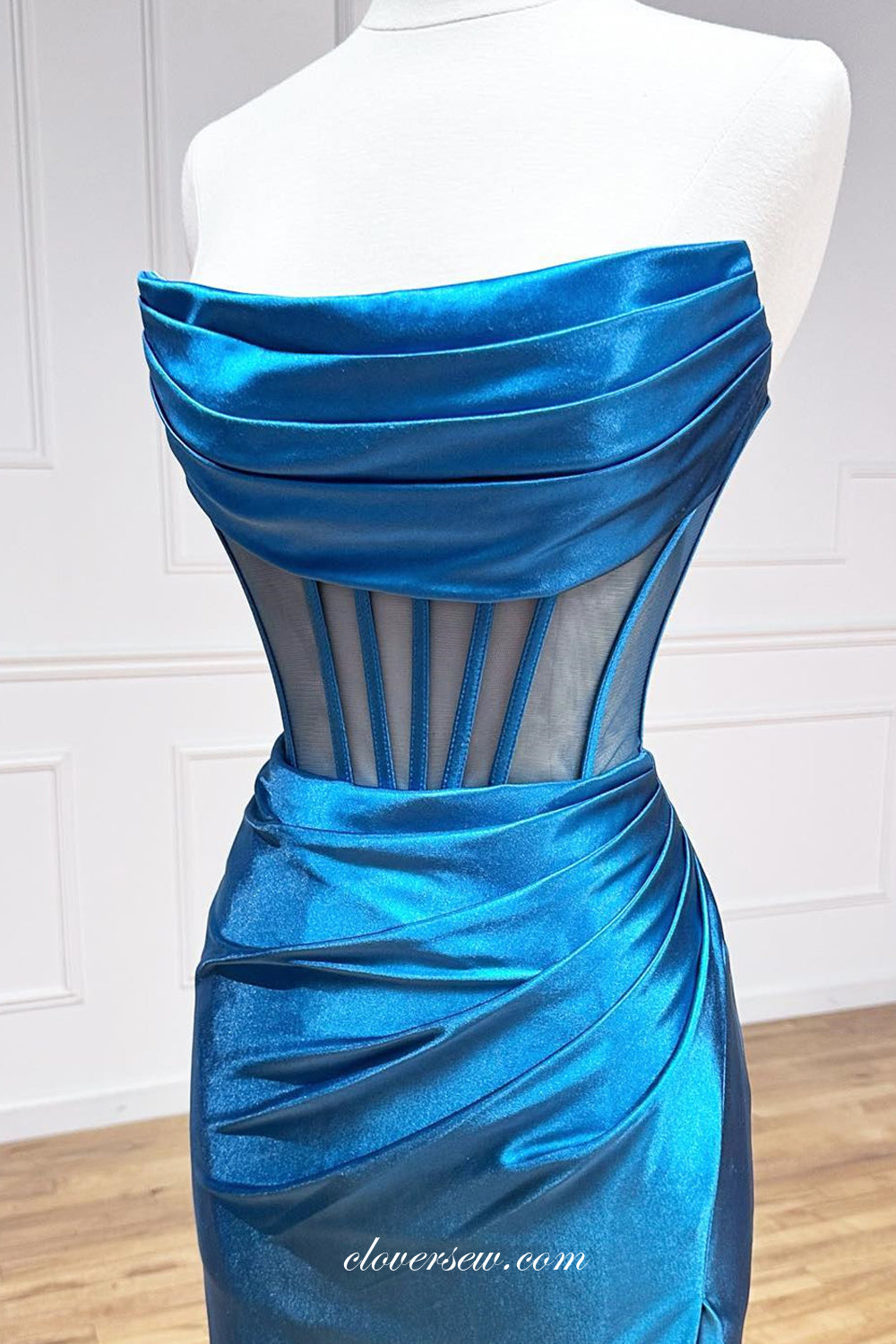 Fashion Satin Strapless Column With Slit Boning Sheer Prom Dresses, CP1064