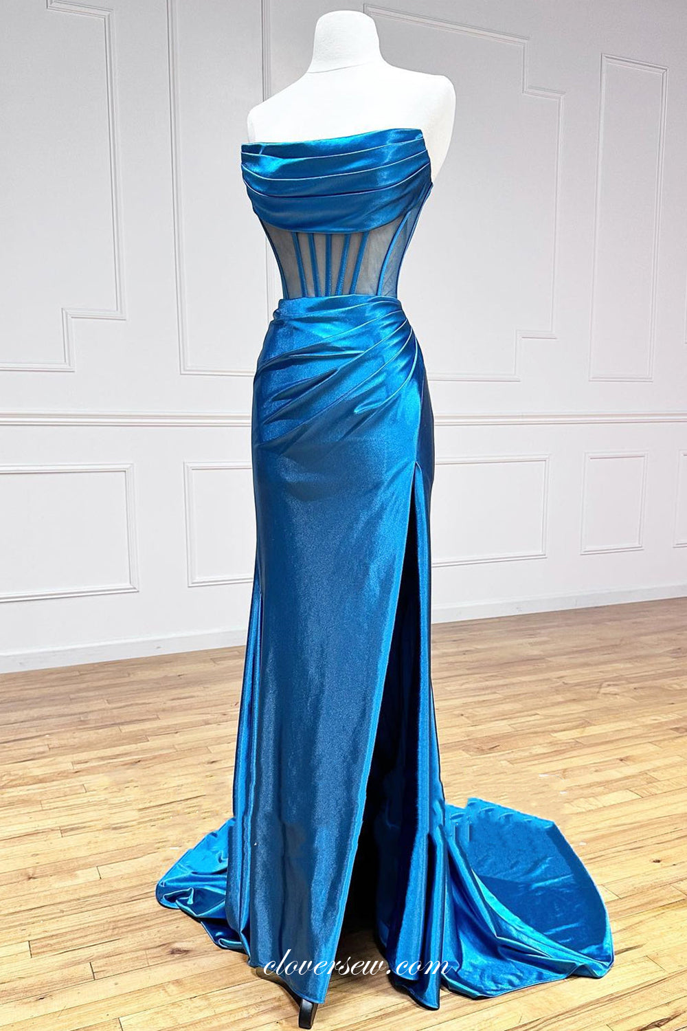 Fashion Satin Strapless Column With Slit Boning Sheer Prom Dresses, CP1064