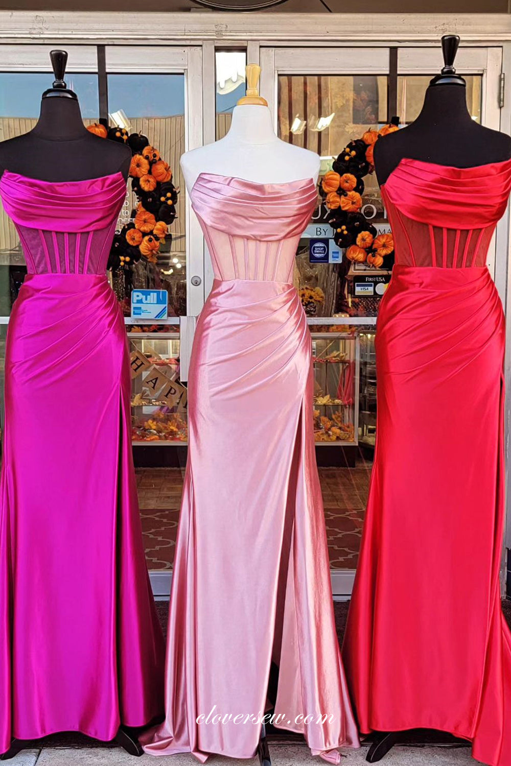 Fashion Satin Strapless Column With Slit Boning Sheer Prom Dresses, CP1064