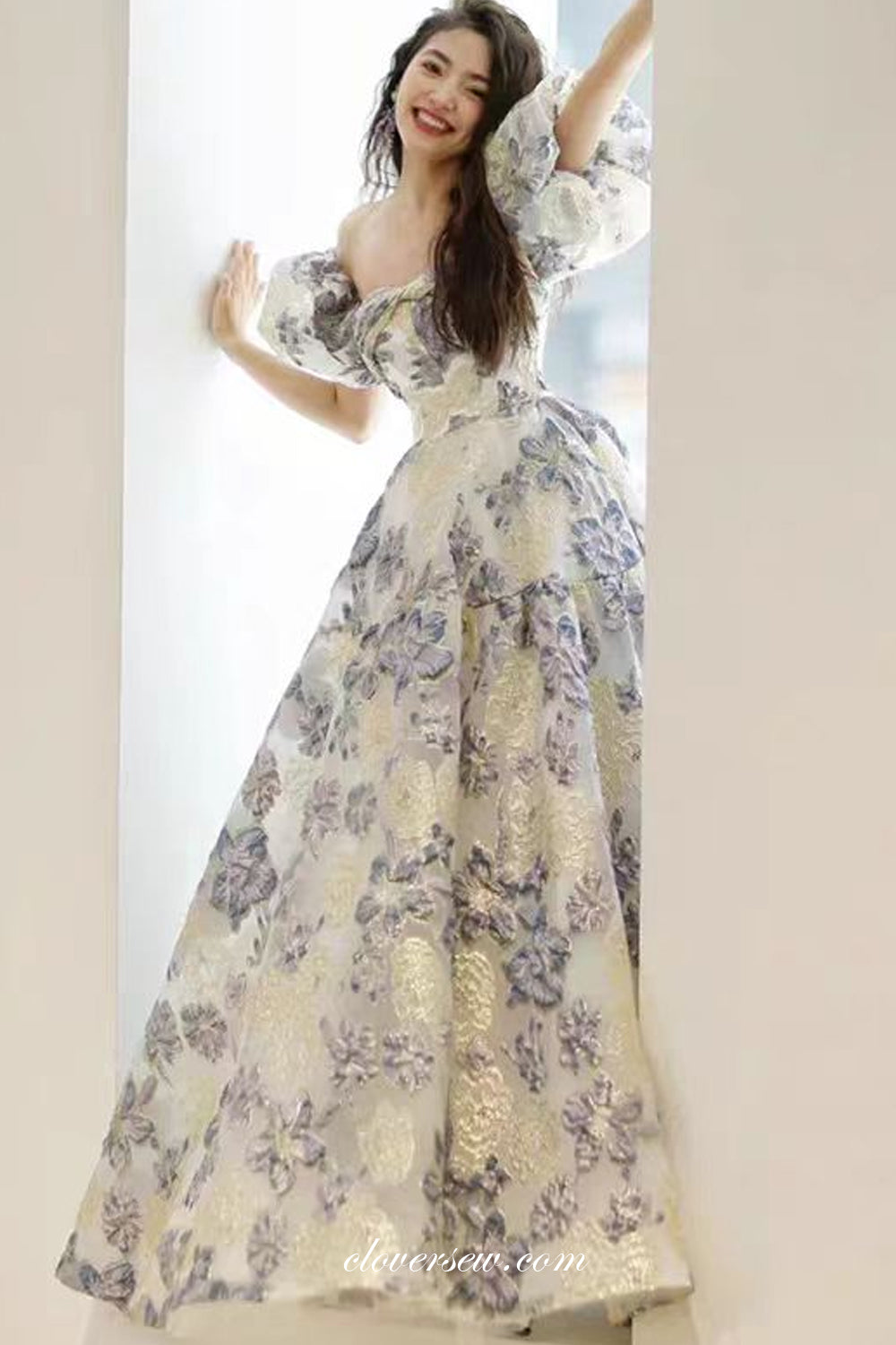 Floral Printed Satin Strapless With Convertible Sleeves A-line Spring Princess Dresses, CW0378