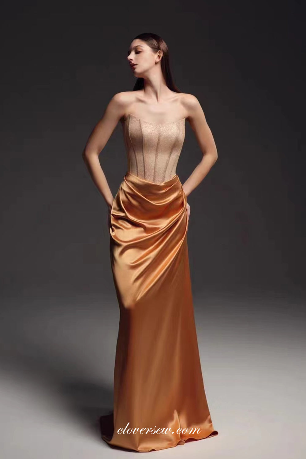 Gold Shiny Satin Strapless Mermaid Elegant Prom Dresses, CP1050