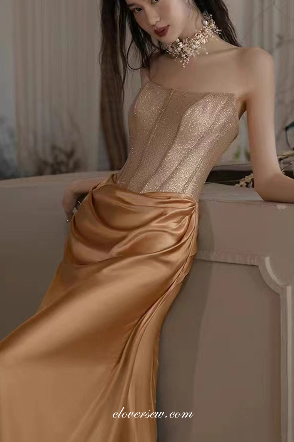Gold Shiny Satin Strapless Mermaid Elegant Prom Dresses, CP1050