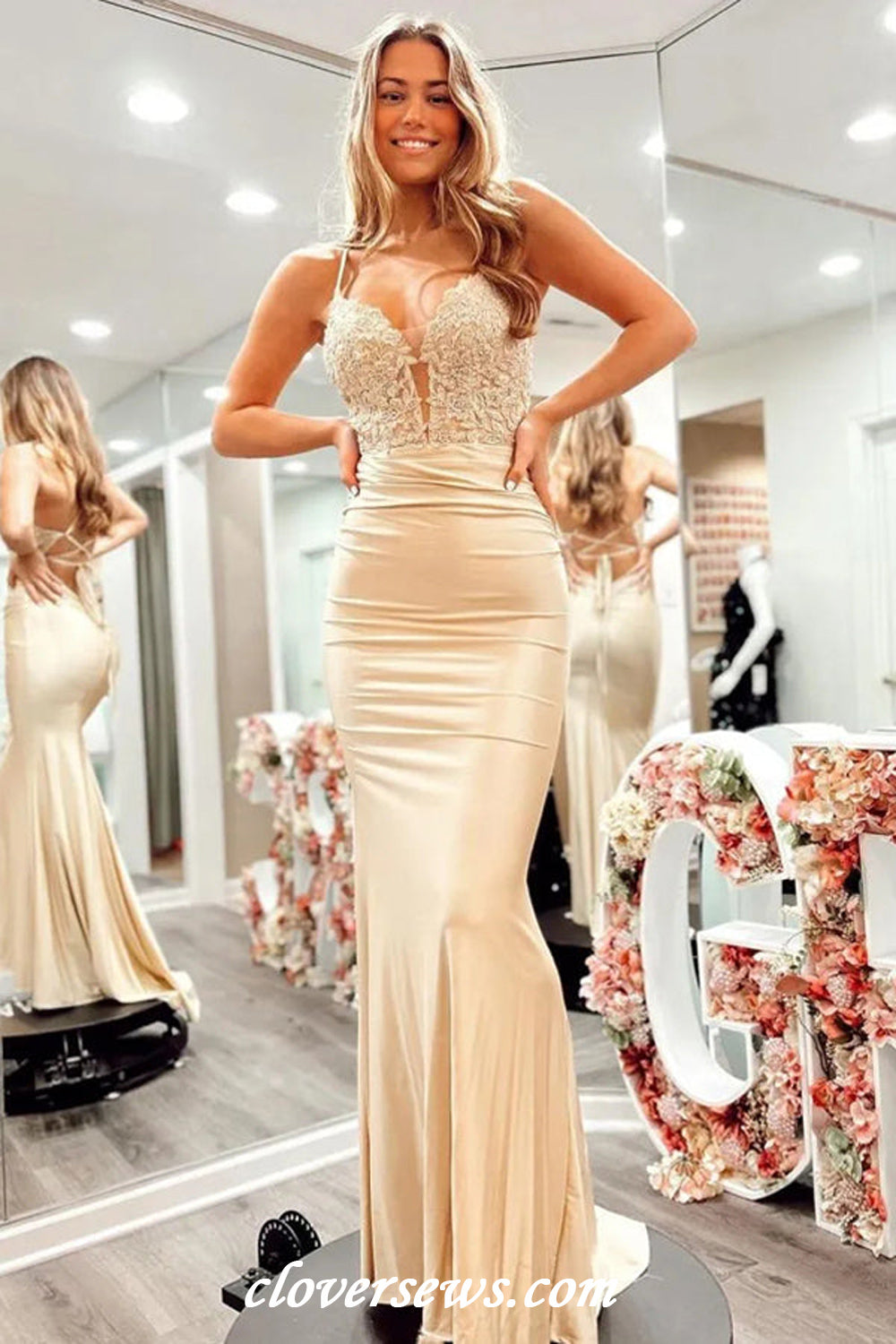 Gold Silk Satin Applique Spaghetti Strap Lace Up Back Mermaid Prom Dresses, CP1131