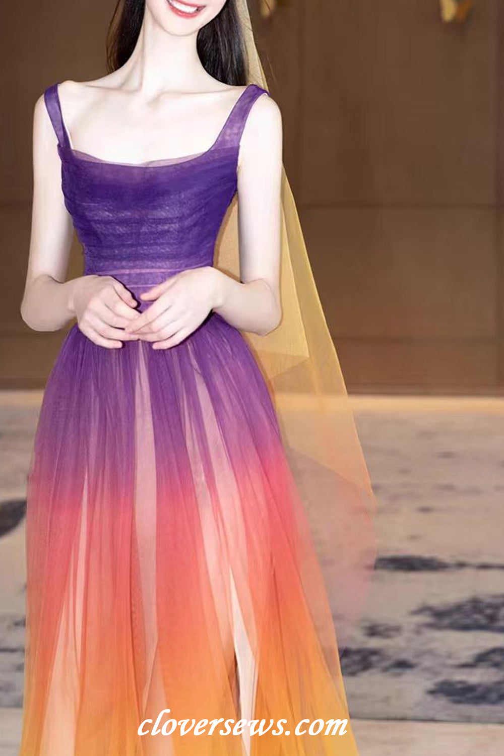 Gradient Color Tulle High Slit Mixi Bridesmaid Dresses, CB0326