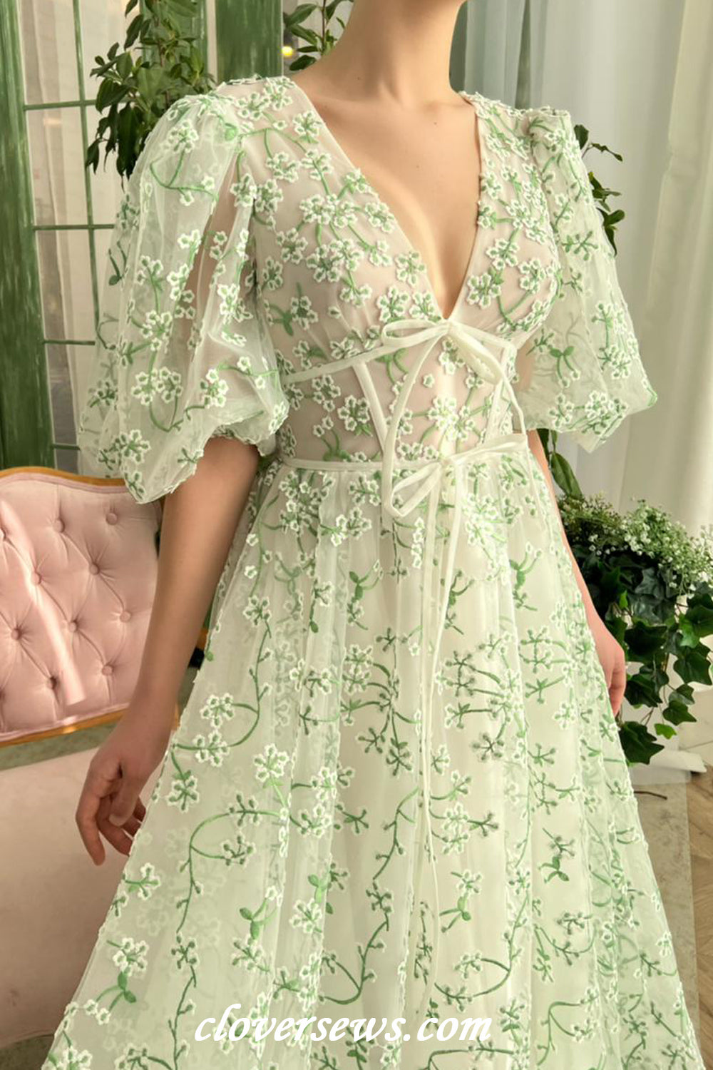 Green Embroidery Tulle V-neck Puffy Sleeves A-line Charming Spring Dresses, CP1138