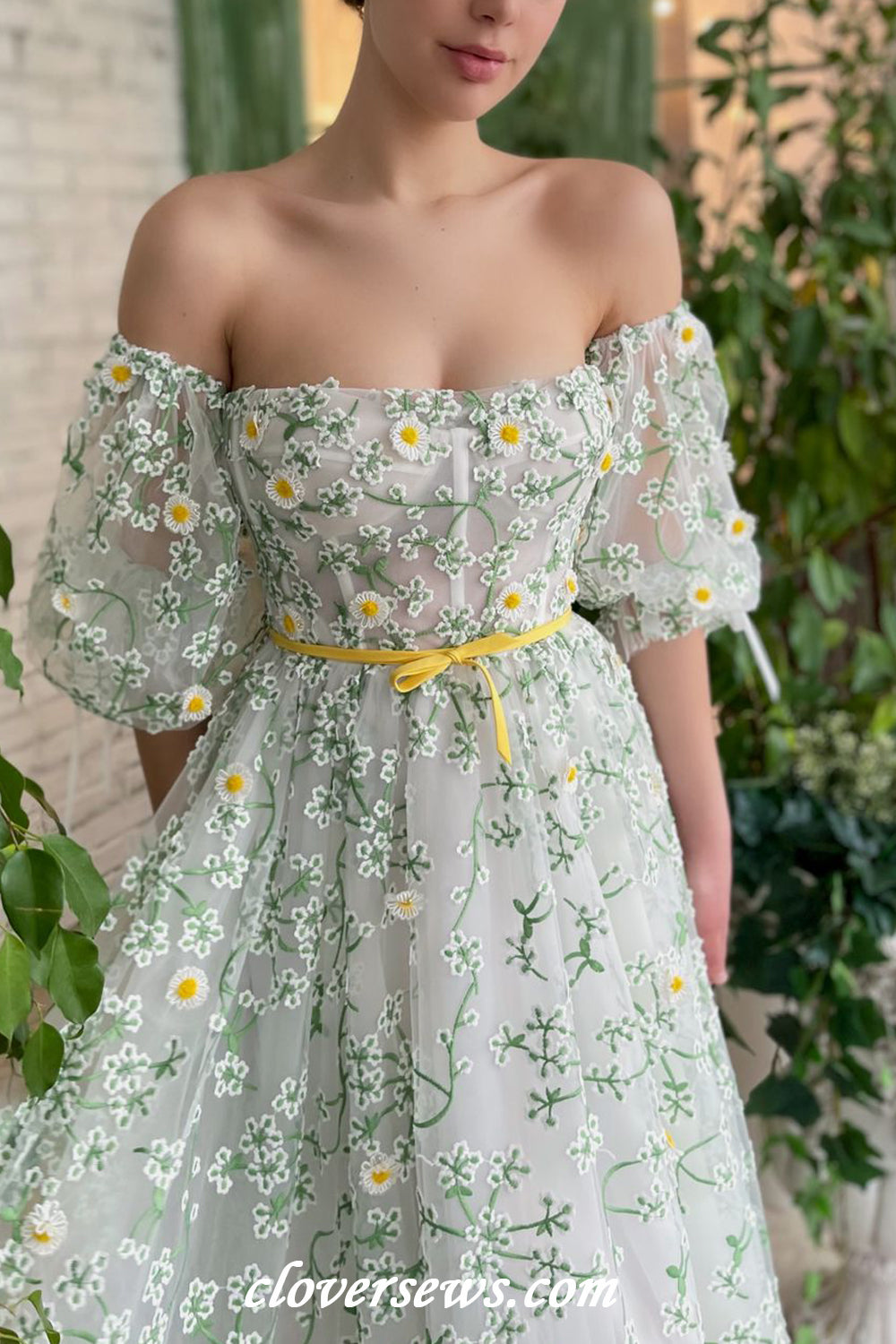 Green Embroidery Tulle With Floral Applique Off The Shoulder Tea Length Spring Dresses, CP1140
