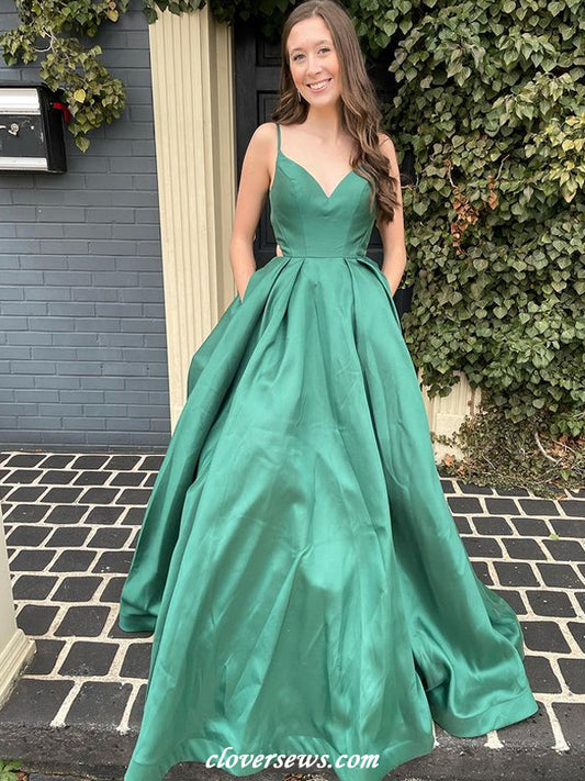 Green Satin Spaghetti Strap Cross Back A-line Simple Prom Dresses, CP1173